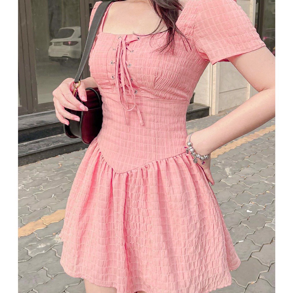 Đầm Cổ Vuông Dáng Xòe Ngắn Ngực Thắt Dây HT28 Phong Cách Hàn Quốc | BigBuy360 - bigbuy360.vn