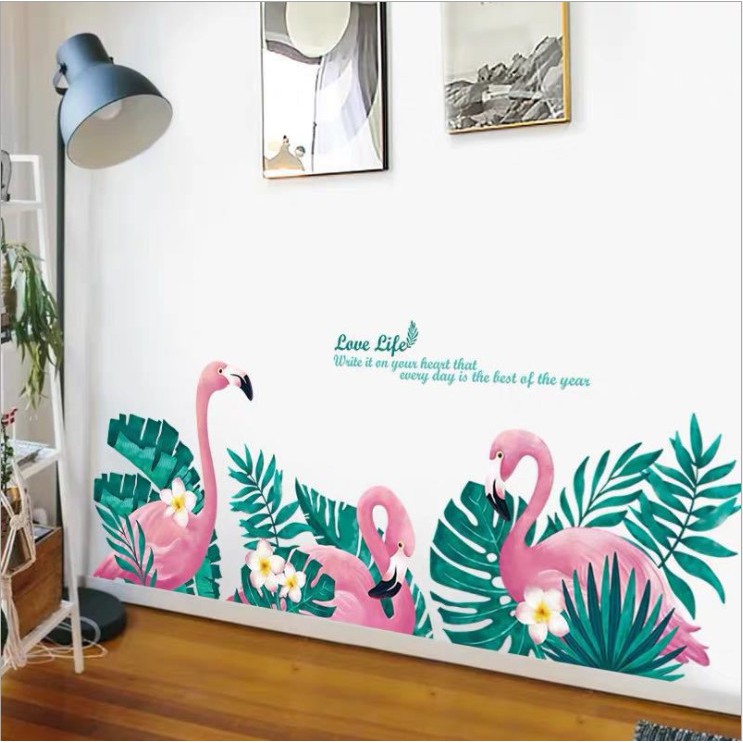 Decal dán tường Hạc hồng và lá xanh nhiệt đới phong cách Hàn Quốc - decan cao cấp dán dễ dàng tại nhà AMYSHOP