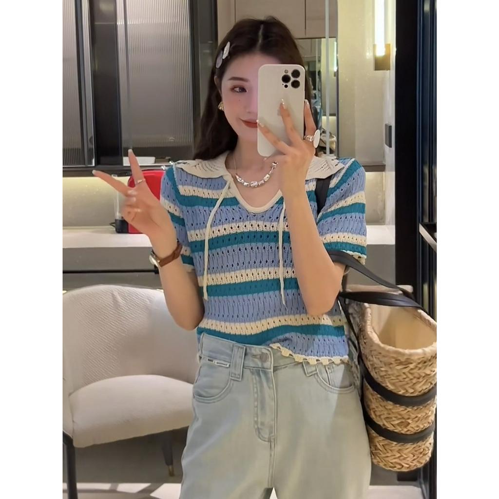 ZHELIHANGFEI Áo Sweater Dệt Kim Cổ Bẻ Cột Dây Màu Sắc Ngọt Ngào Phong Cách Pháp