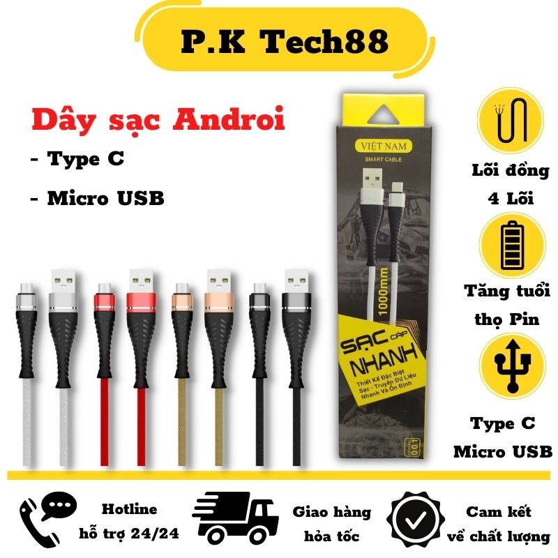 Dây sạc samsung, oppo, xiaomi...M34,Cáp sạc cổng Micro USB và Type C, thiết kế dây bện dù cho điện thoại androi dài 1m