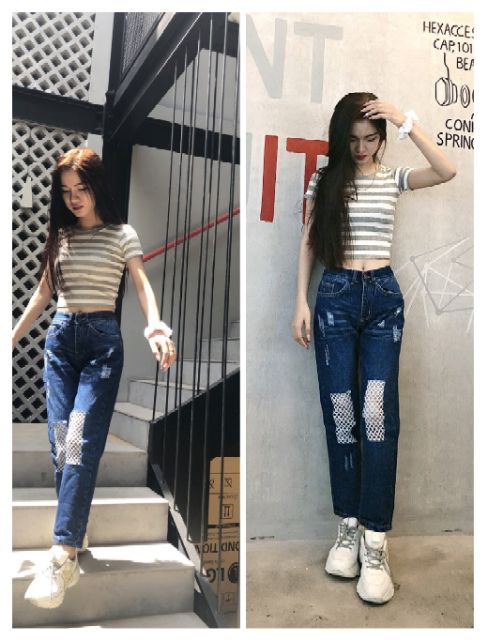 Quần baggy jeans rách gối vá lưới nữ chất lừ