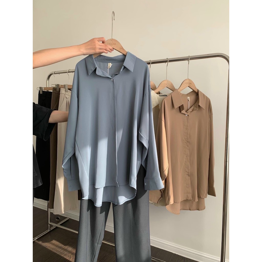 Áo sơ mi nữ form rộng tay dài mầu nâu, trắng, đen, kem, chất lụa đẹp không nhăn, áo somi form rộng nữ đẹp basic, unisex | BigBuy360 - bigbuy360.vn
