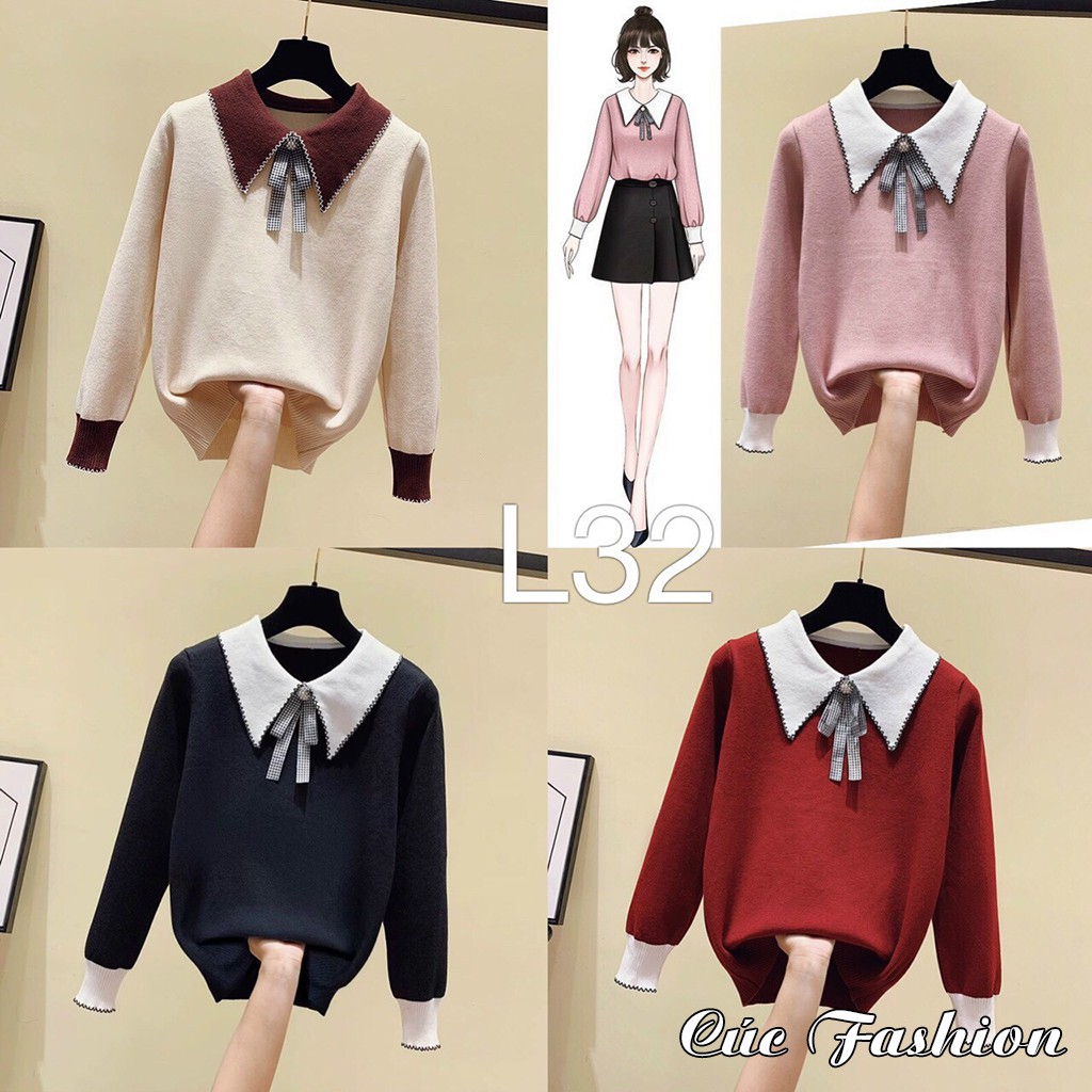 Áo len nữ cổ nơ cao cấp xinh Cúc Fashion L32 áo len cổ nhọn viền đen