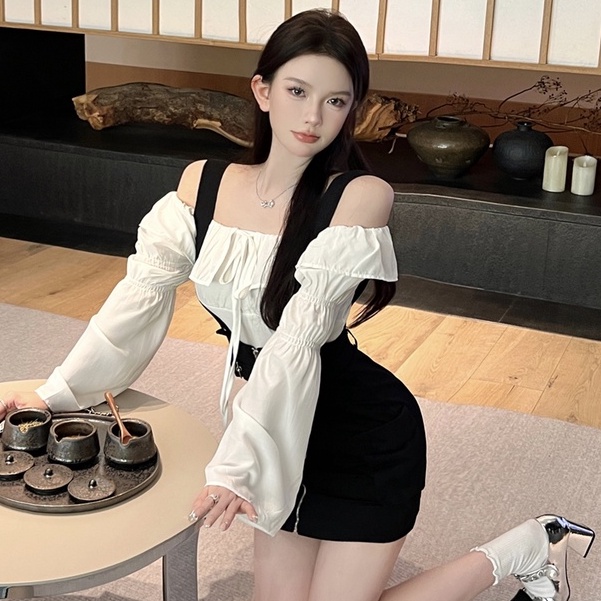 Set Áo Trễ Vai Dài Tay + Chân Váy Yếm Lưng Cao Thời Trang Hàn Cho Nữ