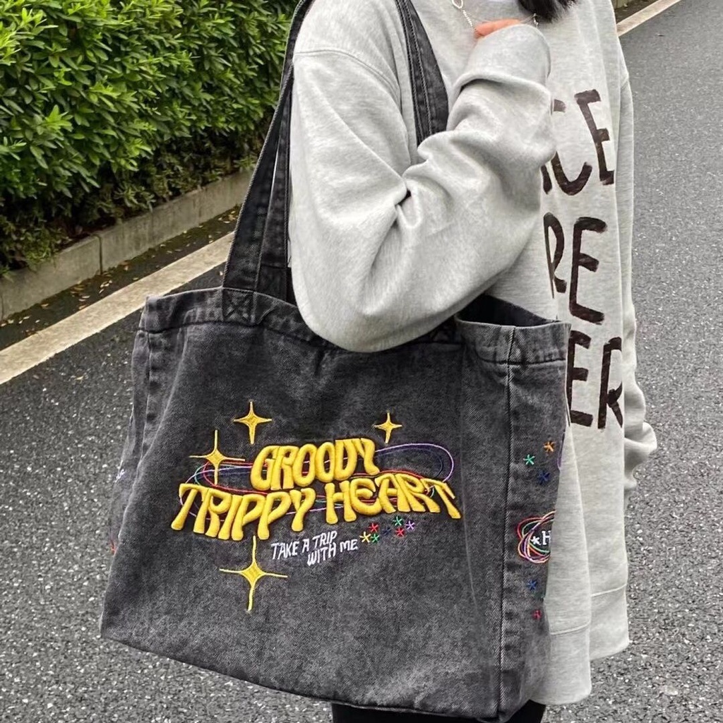 Túi Xách Denim Thêu Họa Tiết Y2K Thời Trang Nữ Tính