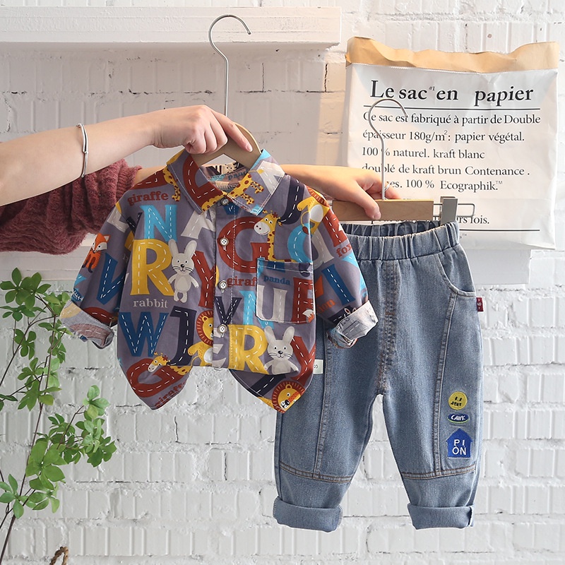 XẢ HÀNG BS12 Size80-120 Set bộ bé trai. Quần bò quần jean dài + Áo sơ mi Thời trang trẻ Em hàng quảng châu