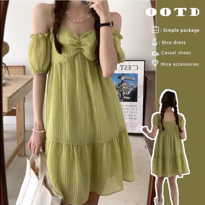 Đầm 2 dây trễ vai đuôi cá RÚM NGỰC dáng xòe dự tiệc (kèm mút ngực)