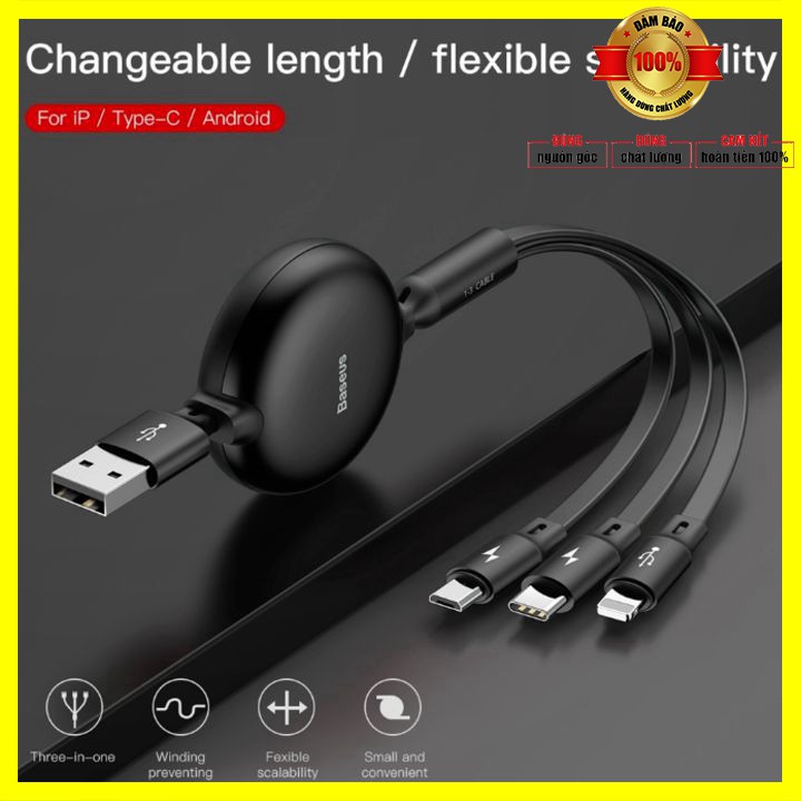 Cáp sạc đa năng Baseus 3 trong 1 CAMLT-ZY: USB Type A to USB Type C/ Micro USB/ Lightning Fast Charging Cable