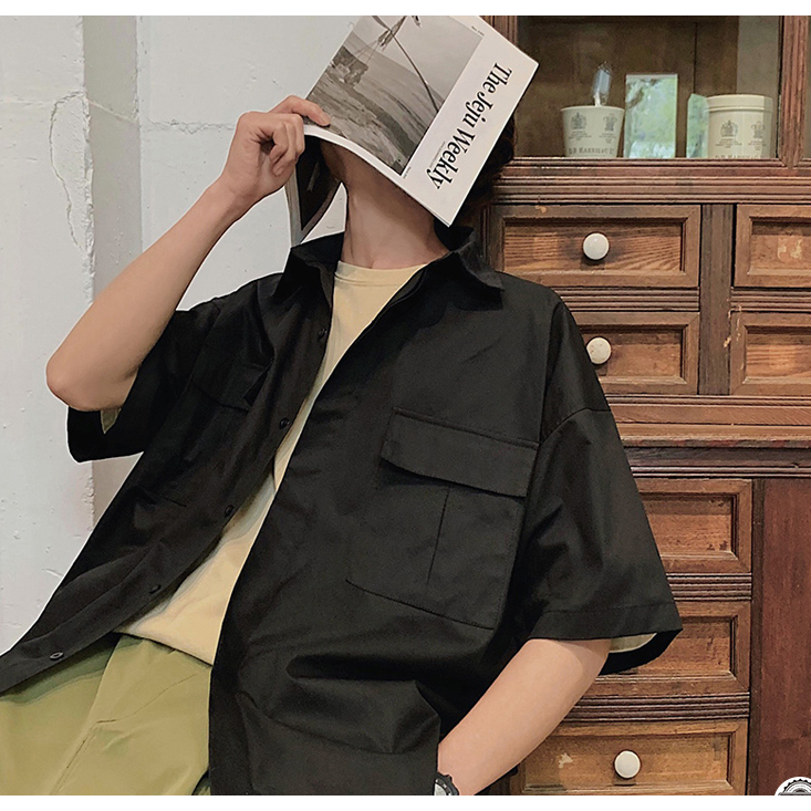 Áo sơ mi tay ngắn dáng rộng thiết kế nhiều túi phong cách thời trang dành cho nam