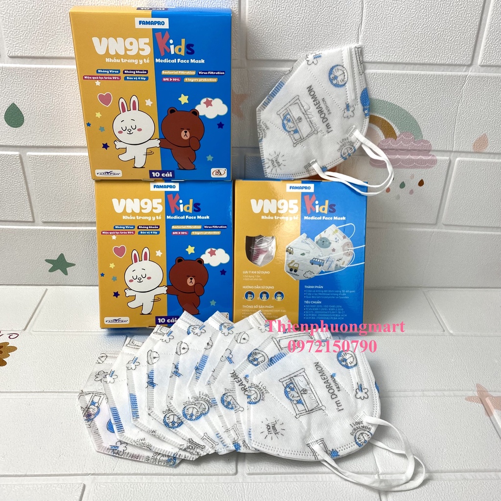 Khẩu trang FAMAPRO VN95 KIDS trẻ em in hình 4 lớp kháng khuẩn 10 cái / hộp