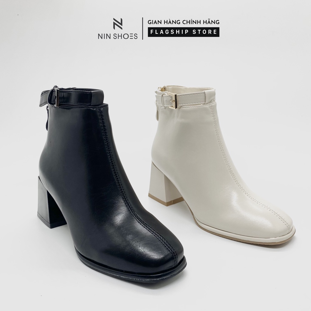 Giày Boot nữ 5p gót vuông khóa giả kéo khóa hông da si cổ thấp Ninshoes