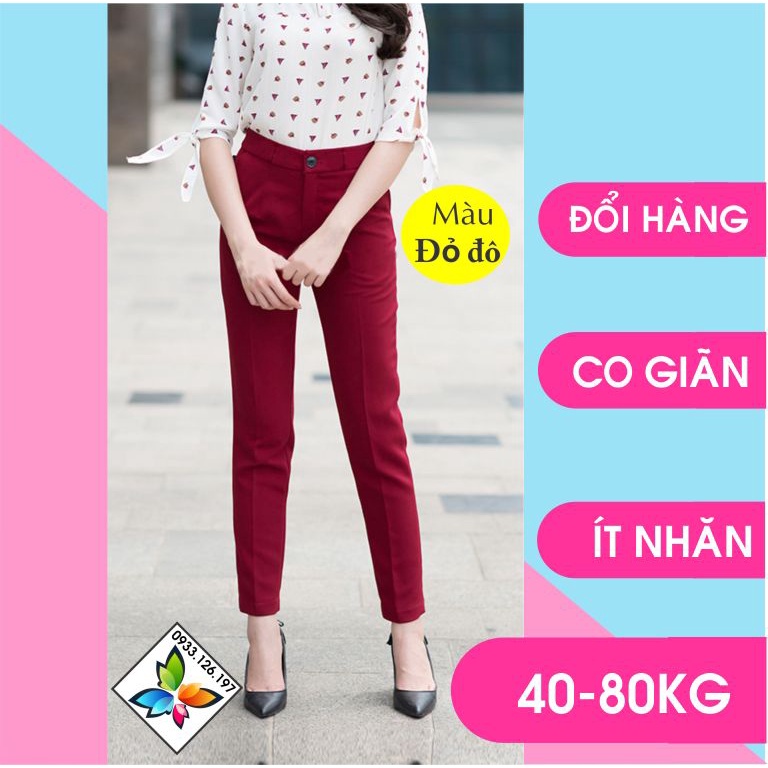 Quần tây nữ, có video thật, màu đỏ đô đến 80kg, CO GIÃN 4 CHIỀU( HÀNG VKXK, Khóa thật , có ủi ly, ít nhăn)
