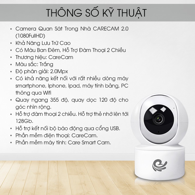 Camera Wifi IP, Camera Quan Sát Trong Nhà CARECAM YH200 2.0 (1080FullHD) Khả Năng Lưu Trữ Cao, Có Màu Ban Đêm