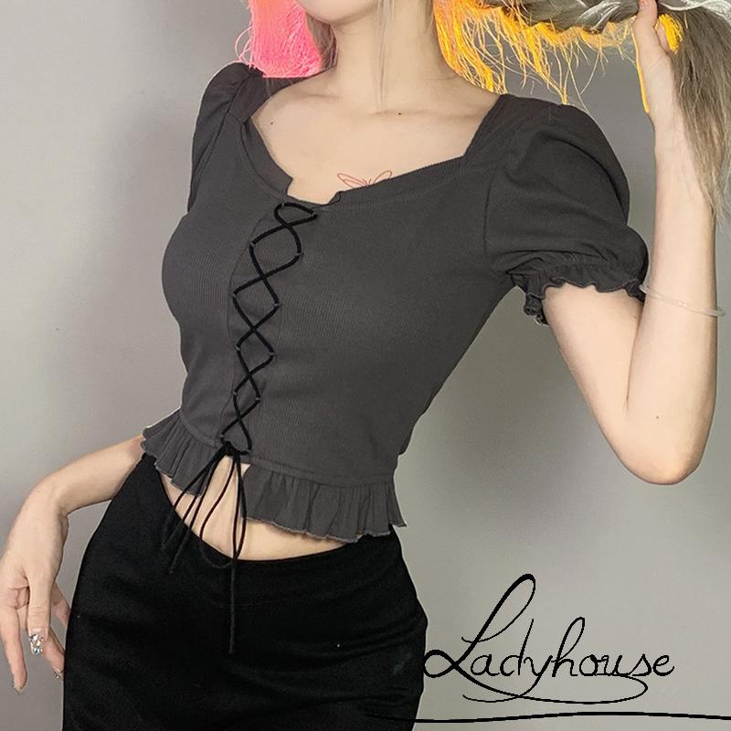 Áo Thun Crop Top Tay Phồng Thiết Kế Dây Rút Phía Trước Thời Trang Mùa Hè Cho Nữ