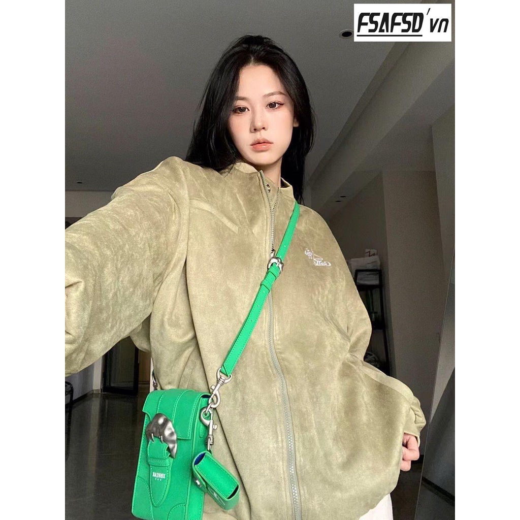 Áo Khoác Bóng Chày Đồng Phục Thêu Họa Tiết Nhỏ Màu Xanh Lá Cây Có Thể Mặc Cả Hai Mặt Cho Nữ Sinh T