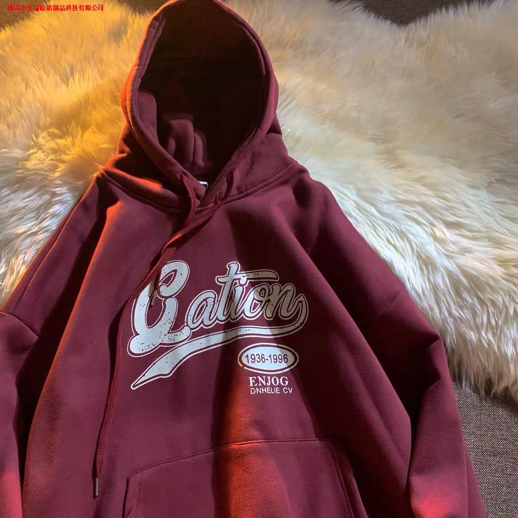 Áo Hoodie Dáng Rộng Màu Đỏ Rượu Vang Phong Cách Thu Đông Hàng Mới Dành Cho Nam Và Nữ