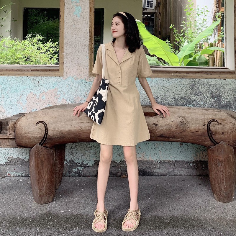 (HÀNG SẴN) Váy sơ mi cổ Vets cài khuy Style năng động đáng yêu nhiều màu Hàn Quốc