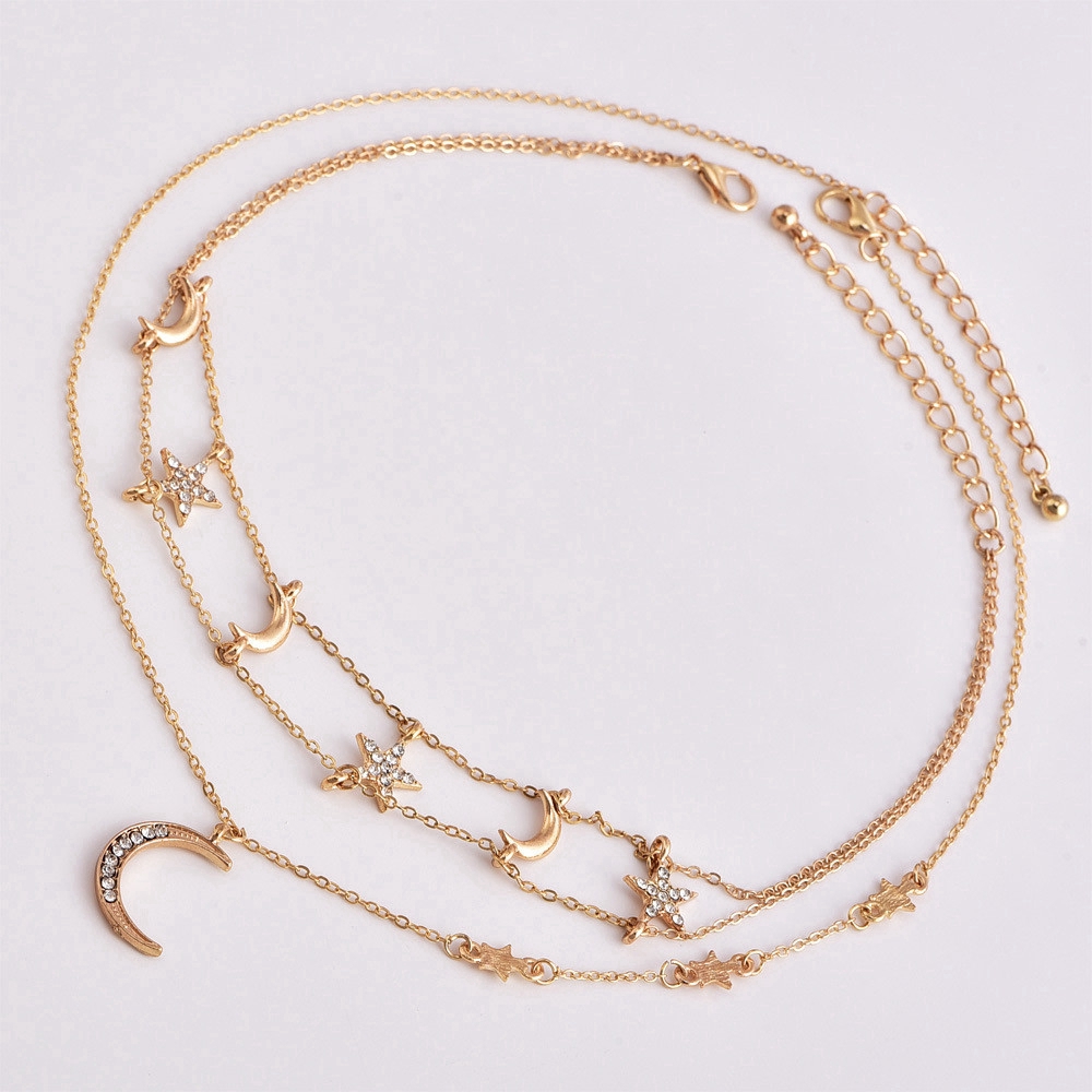 Dây chuyền nhiều lớp đính mặt trăng và ngôi sao phong cách boho
