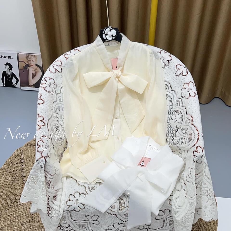 Áo sơ mi nữ cột nơ 2 màu trắng be chất đẹp 2 lớp