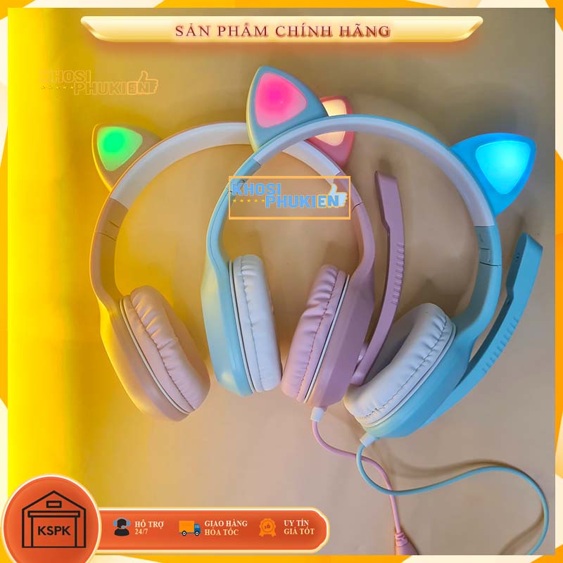 [Ảnh thật] Tai Nghe Tai Mèo có LEd Có Mic - Tai nghe màu xanh và màu hồng cực kute