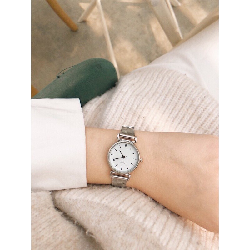 Đồng hồ nữ mặt nhỏ dây kim loại MONO bạc mặt trắng đồng hồ nữ mặt tròn đẹp giá rẻ Watchesbytif size 22mm | BigBuy360 - bigbuy360.vn