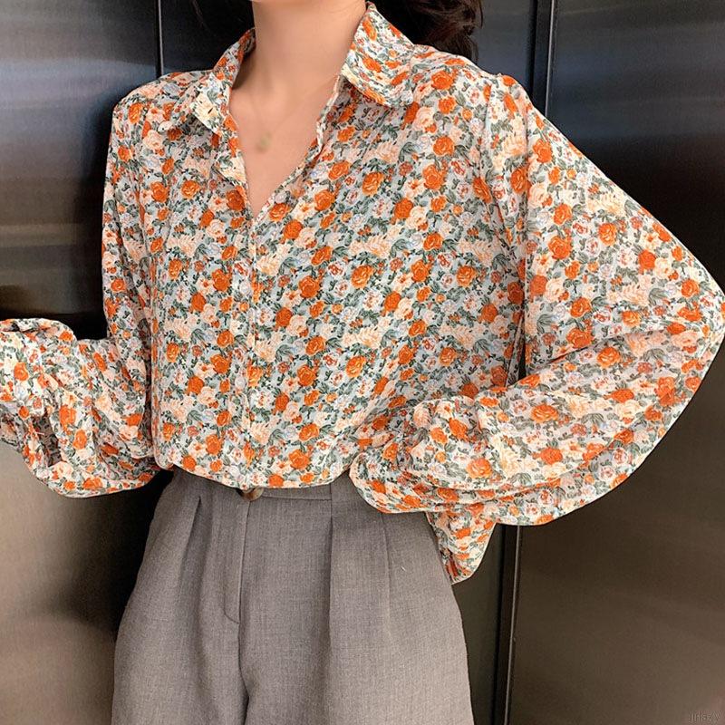 Áo Sơ Mi Tay Dài Form Rộng Họa Tiết Hoa Phong Cách Retro Dịu Dàng Hàn Quốc