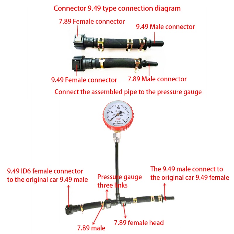 Đồng Hồ Đo Áp Suất Nhiên Liệu Kèm Đầu Nối 7.89 &amp; 9.49mm Cho Xe Hơi / Xe Máy