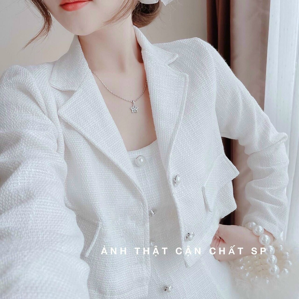 Set dạ set đầm set đồ nữ áo 2 dây với áo khoác phối cúc dễ thương cá tính sáng da QD M01