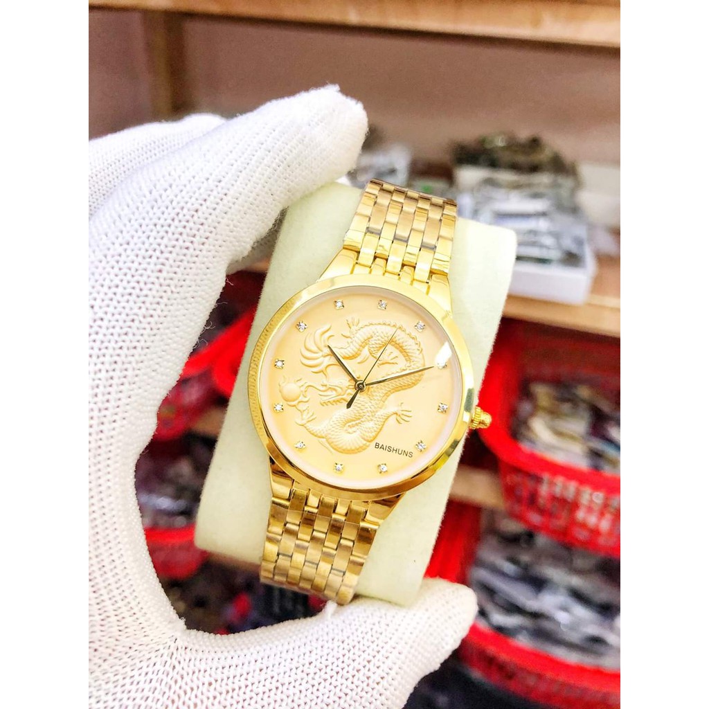đồng hồ nam đẹp Baishuns dây vàng mặt vàng rồng 3D chống nước chống xước,tặng kèm vòng tì hưu