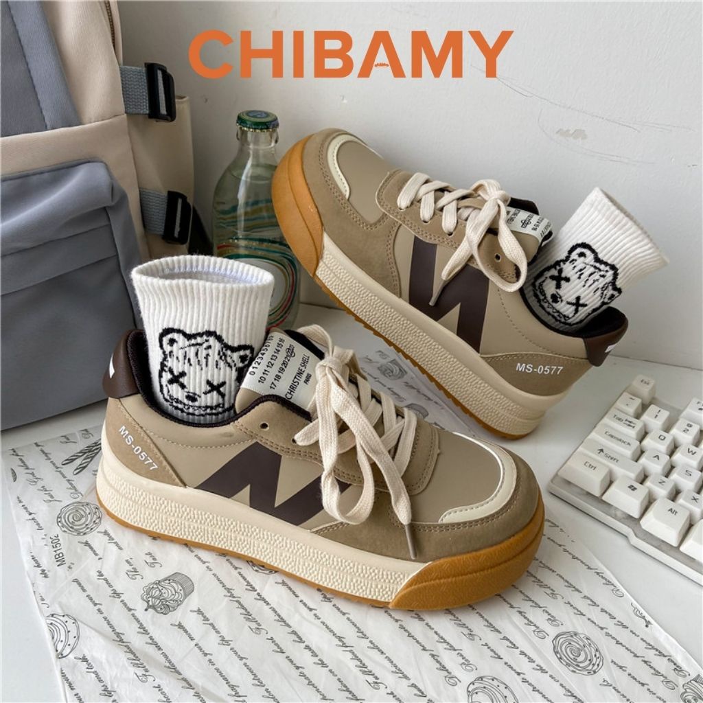 Giày thể thao nữ SML đế bánh mì cao 4 phân, Giày Sneaker nữ chữ N BAMY phối màu nâu kem