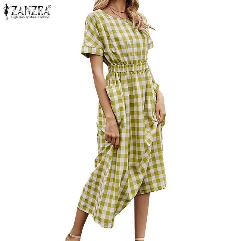 Đầm maxi Zanzea ngắn tay họa tiết caro dáng rộng phong cách châu Âu thời trang cho nữ