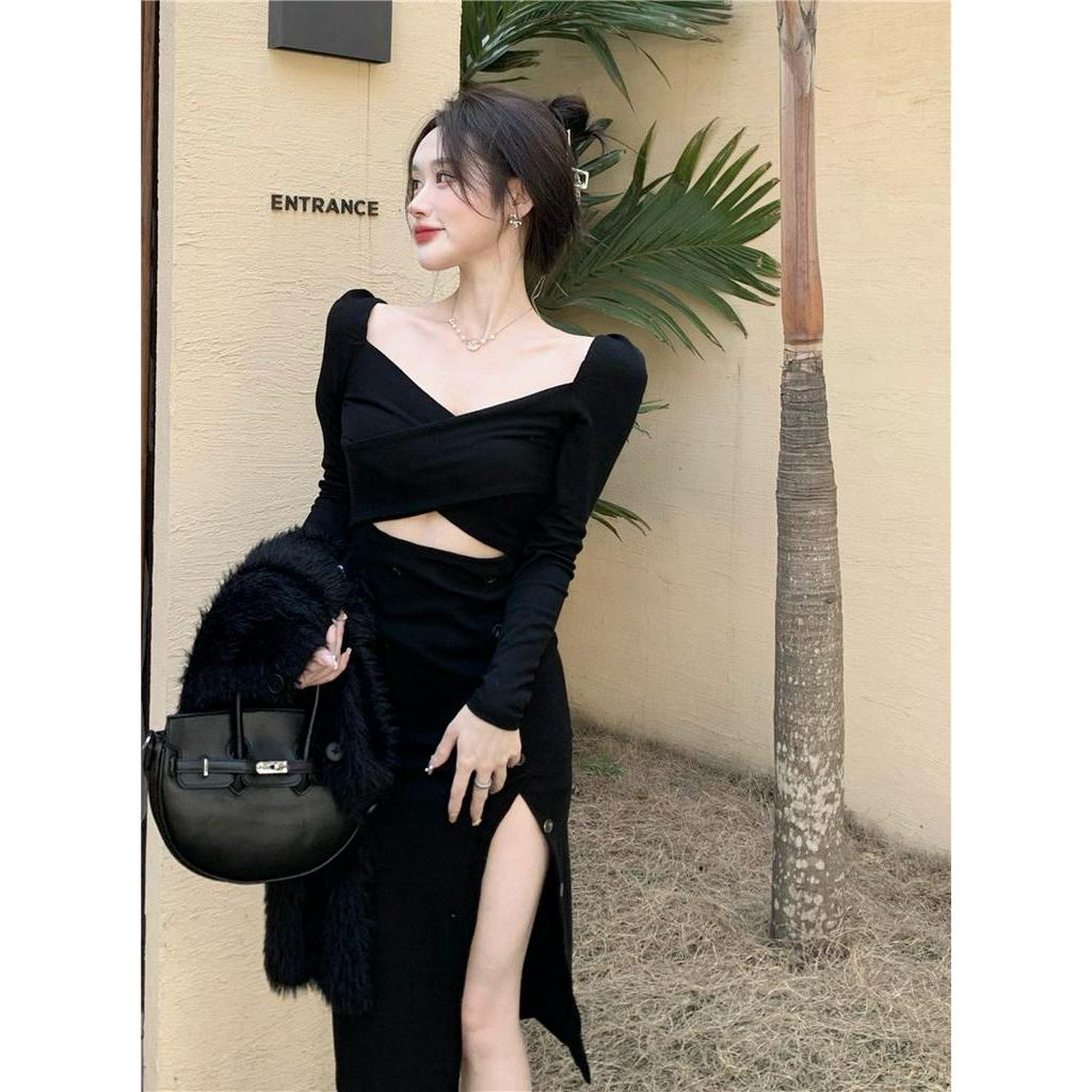 Đầm Đen Nhỏ Xẻ Tà Ôm Eo Thời Trang Cho Nữ