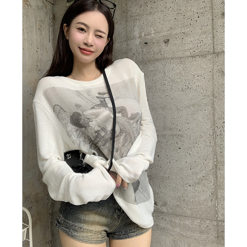 Áo Thun Dệt Kim Tay Dài Dáng Rộng In Họa Tiết Thời Trang Cho Nữ