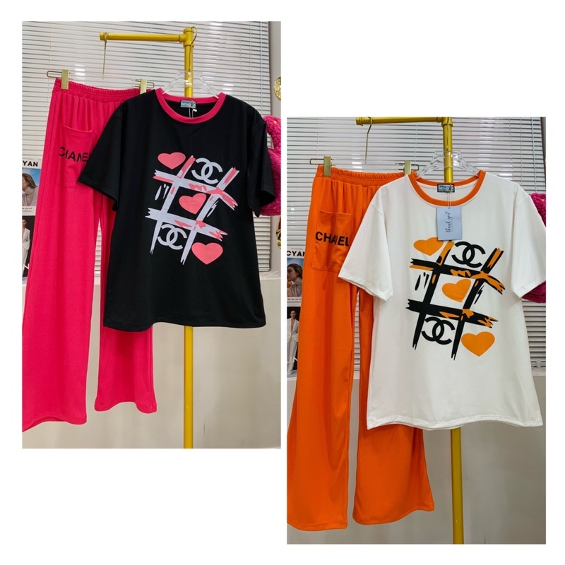set quần suông phối túi áo thun cotton trái tim