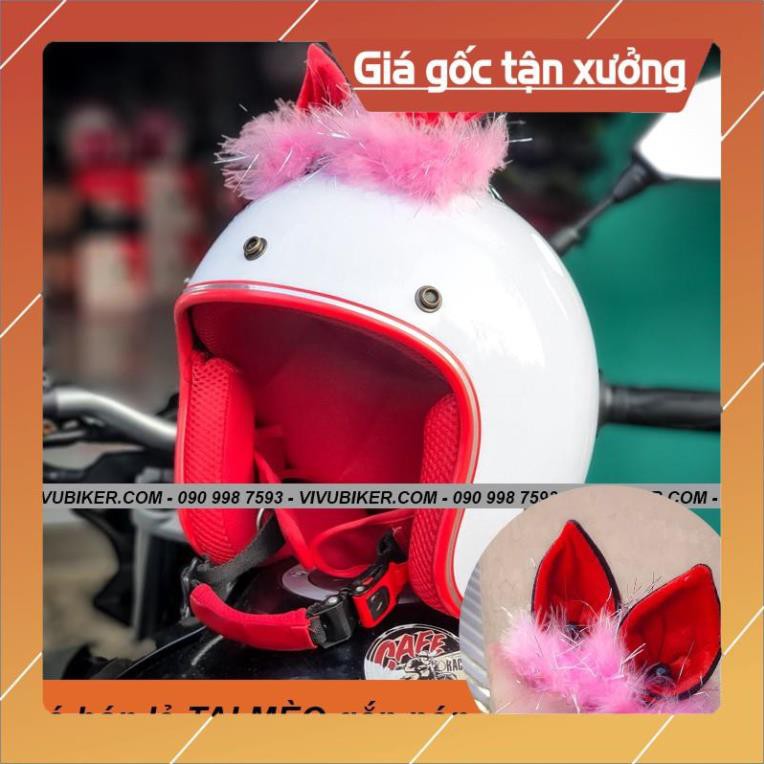 [Giống ảnh] Mũ bảo hiểm 3/4 kèm tai thỏ gắn nón trắng lót đỏ - Nón bảo hiểm tai mèo Fung Fing bảo hành 12th