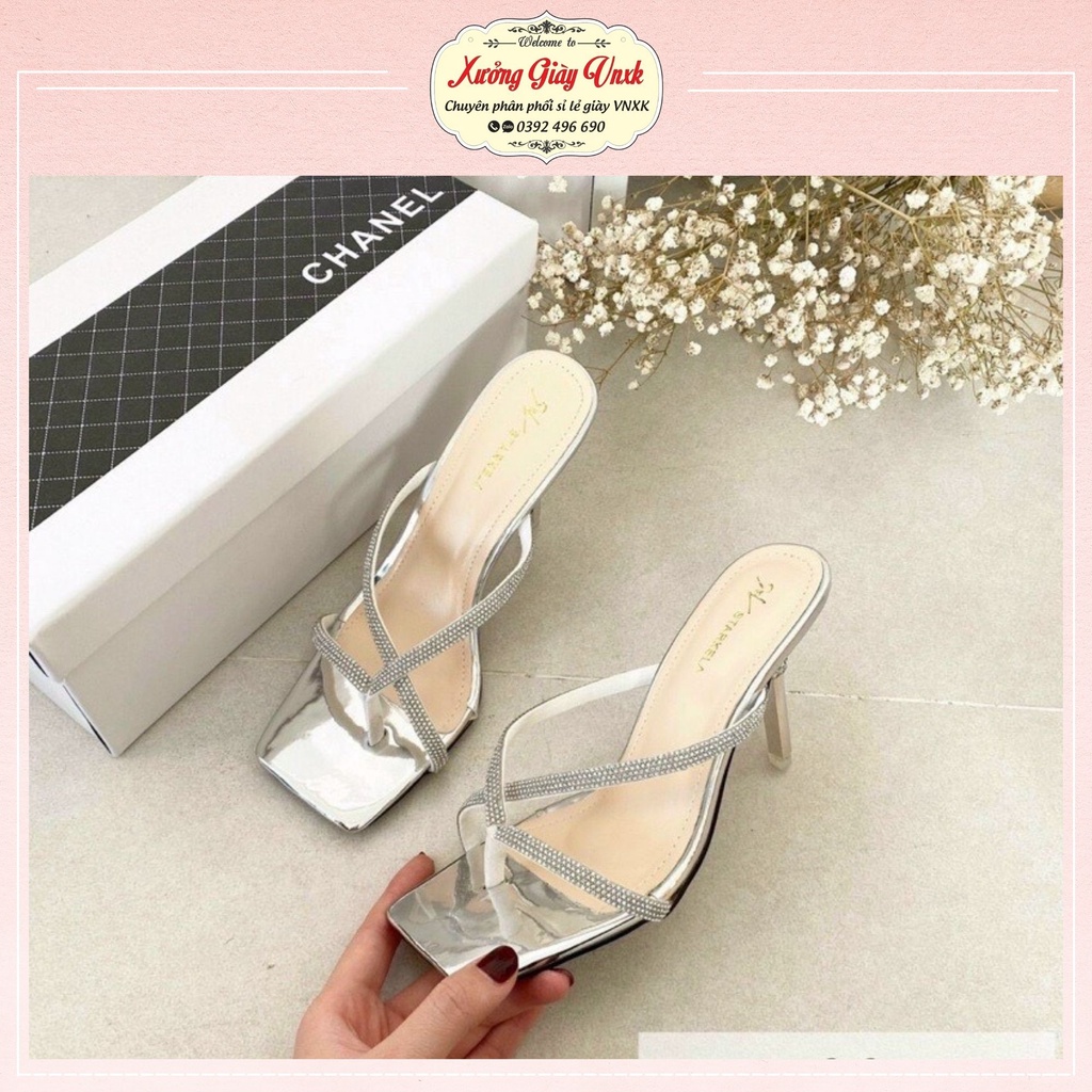 Guốc nữ 9 phân cao gót nhọn đính đá Thiên Hương Giày VNXK BP48S139 Dép cao gót xăng đan sandal 9p màu trắng bạc