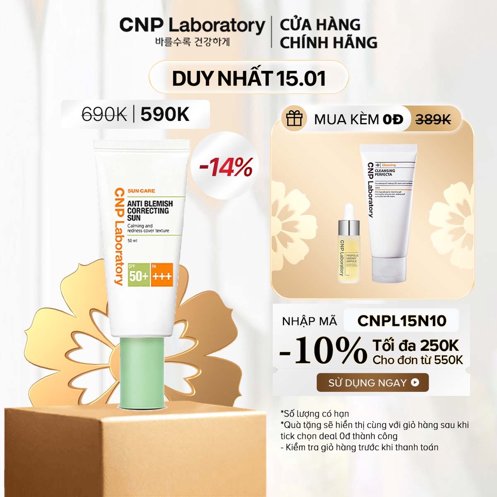 Kem chống nắng làm dịu và giảm mẩn đỏ cho da mụn CNP Laboratory Anti Blemish Correcting Sun SPF50+/PA+++ 50ml