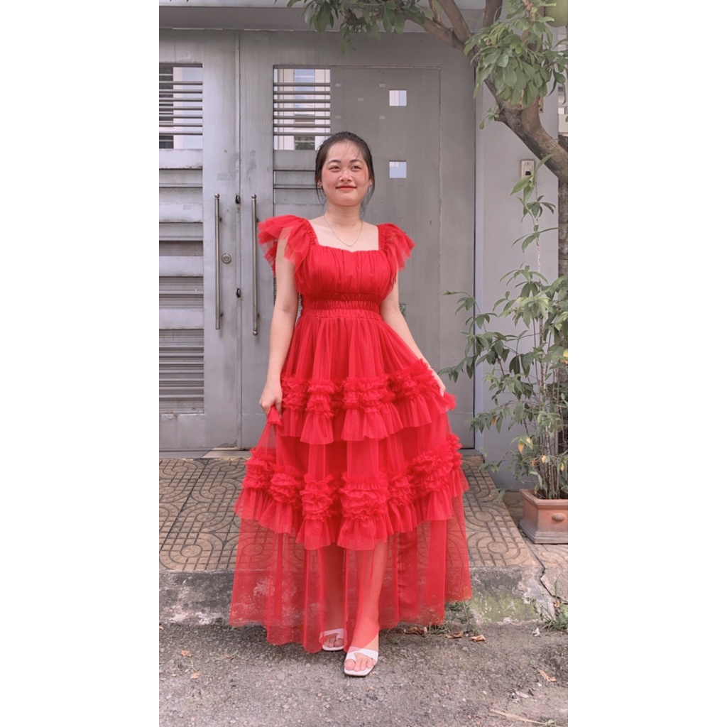 Đầm maxi đi biển xòe tầng phối lưới tay cách tiên xinh đẹp bo chum co giãn thoải mái đi tiệc chụp hình sống ảo lung linh
