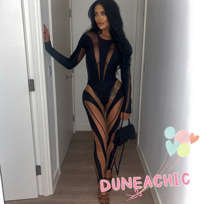 DUNEA Áo liền quần dài tay phối lưới quyến rũ dành cho nữ