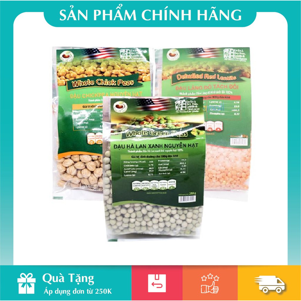 [Hàng Chính Hãng] Combo 3 Loại Đậu Gà (250gr) + Đậu Lăng Đỏ (250gr) + Đậu Hà Lan Xanh (250gr)