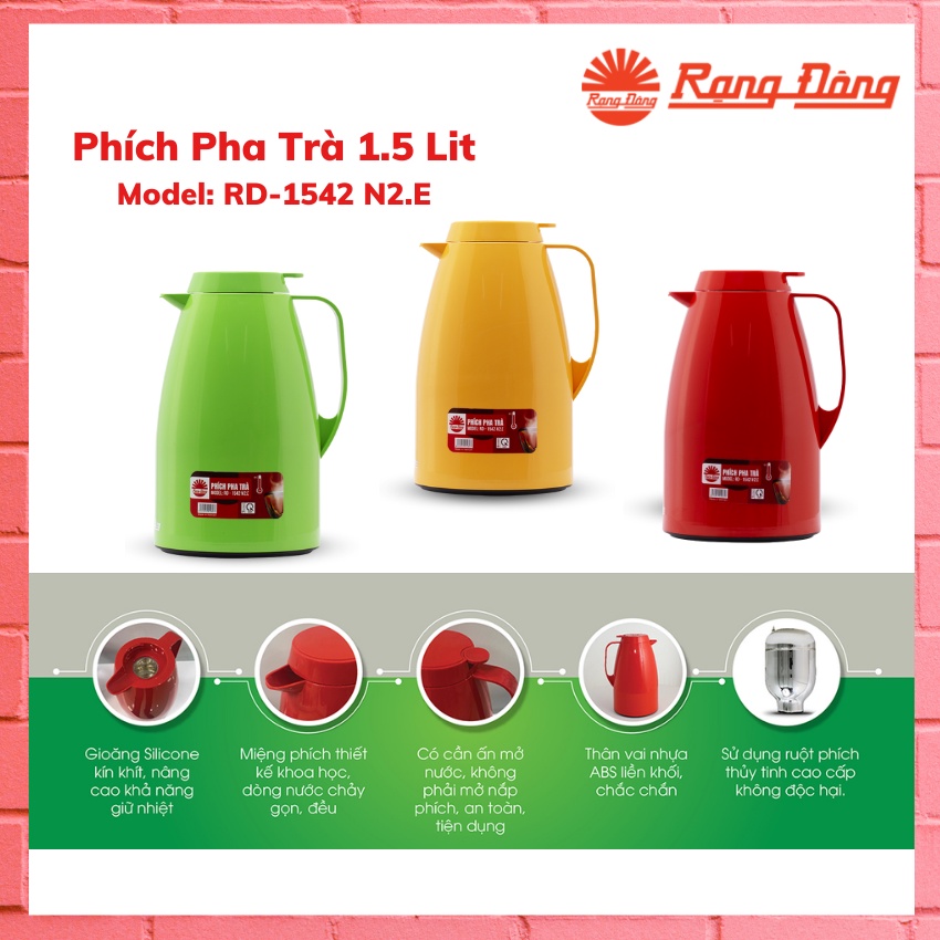 Phích Pha Trà Giữ Nhiệt– Bình ủ Trà Rạng Đông – RD-1542 N2.E - Dung tích 1.5Lit – Bình Thủy Rạng Đông