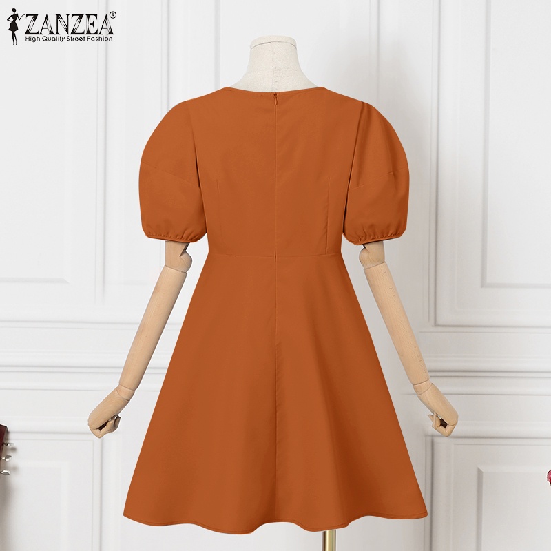 ZANZEA Đầm Ngắn Cổ Tròn Tay Phồng Thời Trang Nữ Hàn Quốc