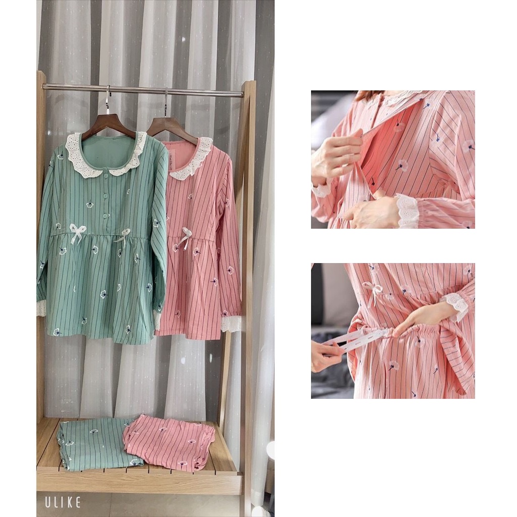 Bộ bầu và sau sinh dài tay, cổ ren bèo chất cotton đẹp mềm, kiểu dáng kẻ sọc cực xinh và trẻ trung