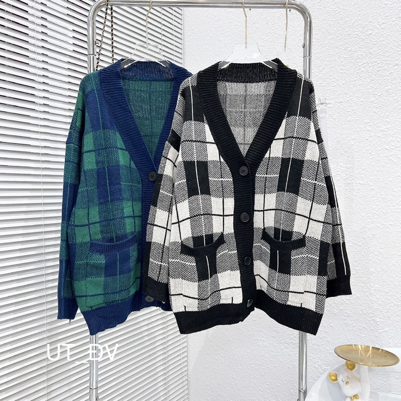 Áo Khoác Len Cardigan Hoạ Tiết Kẻ Ô Hàng Quảng Châu Cao Cấp