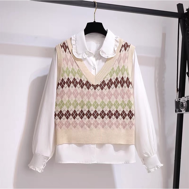ÁO len nữ, áo gile họa tiết quả trám _Len ghi lê Áo Dệt Kim Không Tay Cổ Chữ V Phong Cách Retro Hàn Quốc | BigBuy360 - bigbuy360.vn