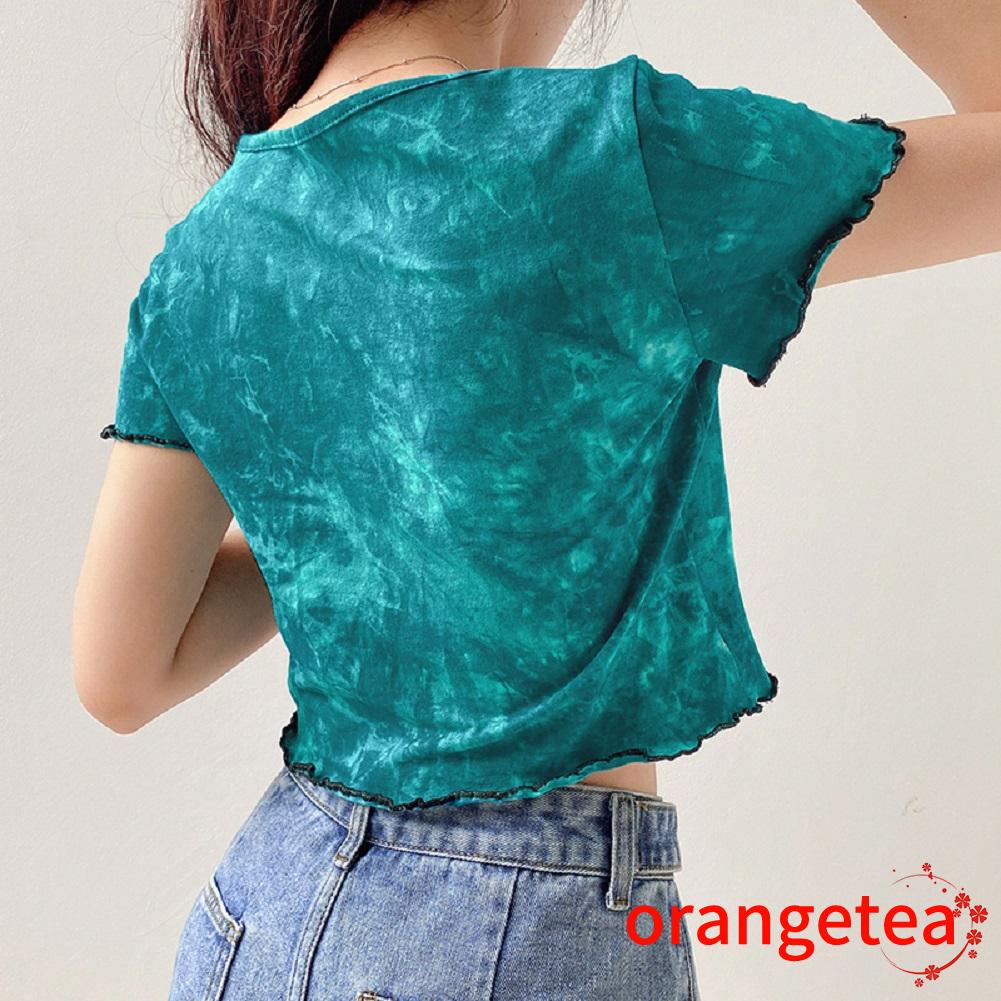 Women Fashion Tie-dye Butterfly Embroidery Top Summer Short Sleeve Round Neck Crop Top