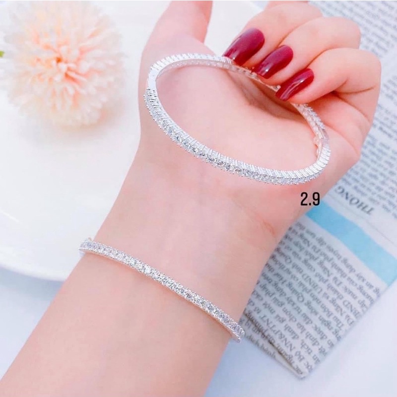 Vòng tay nữ bạc ta đính full đá dày dặn - Lắc tay nữ bạc ta dạng cứng có khoá đính full đá - Vàng Bạc Khải Khải