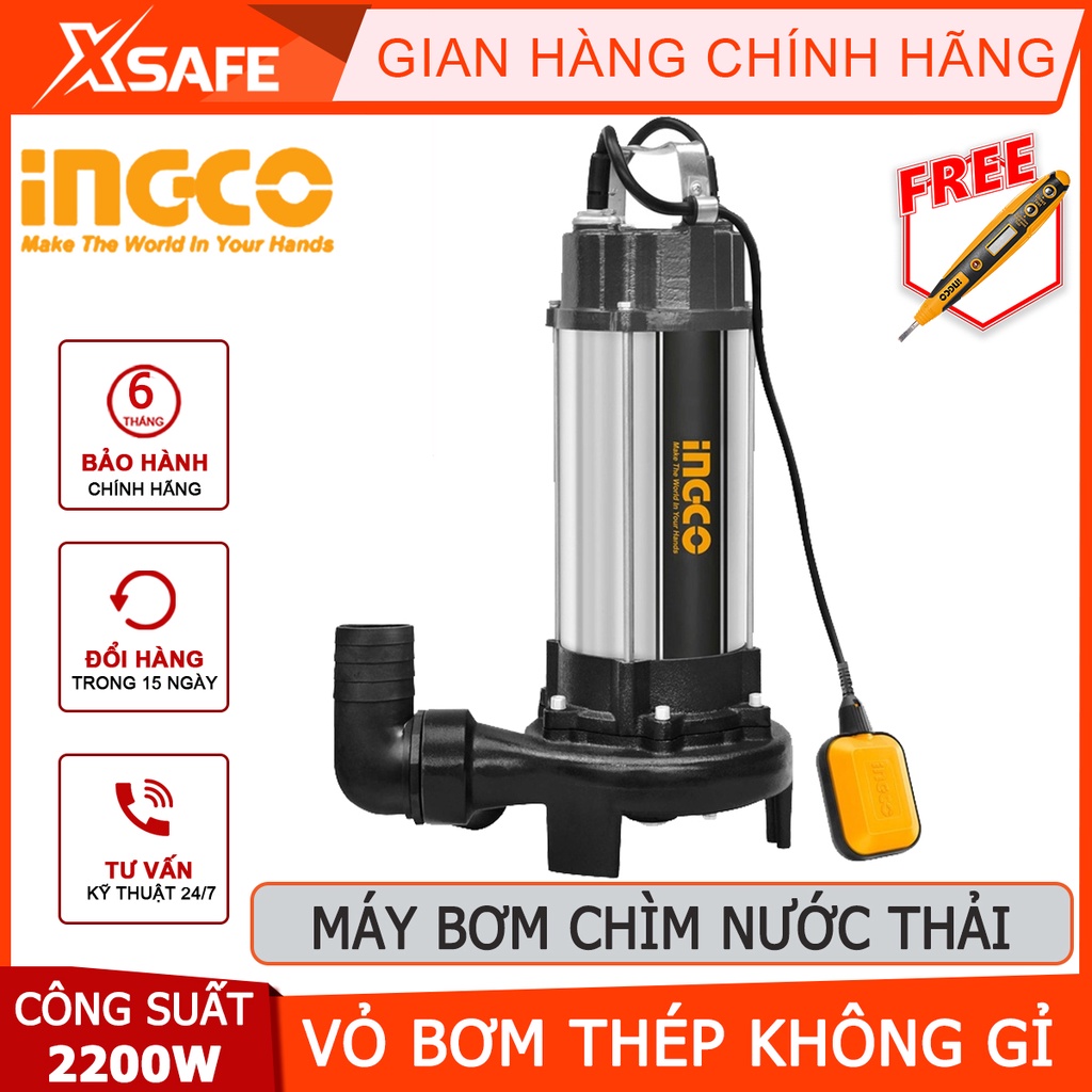 Máy bơm chìm nước thải INGCO SPDB22001 Máy bơm chìm 2200W(3.0HP), chiều cao bơm 13m, tốc độ dòng chảy 88m3/h - [XSAFE]