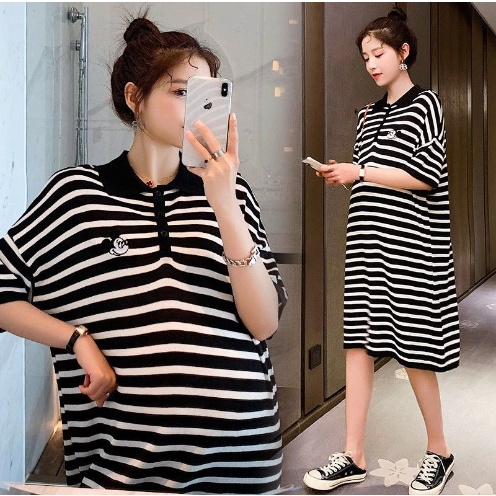 Váy bầu đẹp công sở chất len YA1010 Đầm bầu thu đông thiết kế sọc kẻ freesize dưới 75kg
