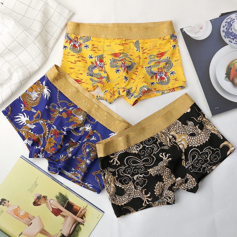 Quần Lót Boxer Cotton Lưng Vừa In Họa Tiết Rồng Vàng Phong Cách Trung Hoa Cho Nam